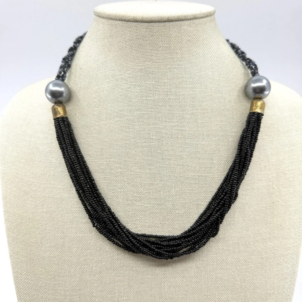 Necklace Black Seed Bead Multi Strand Gray Faux Pearl Boho Statement Collar Gold